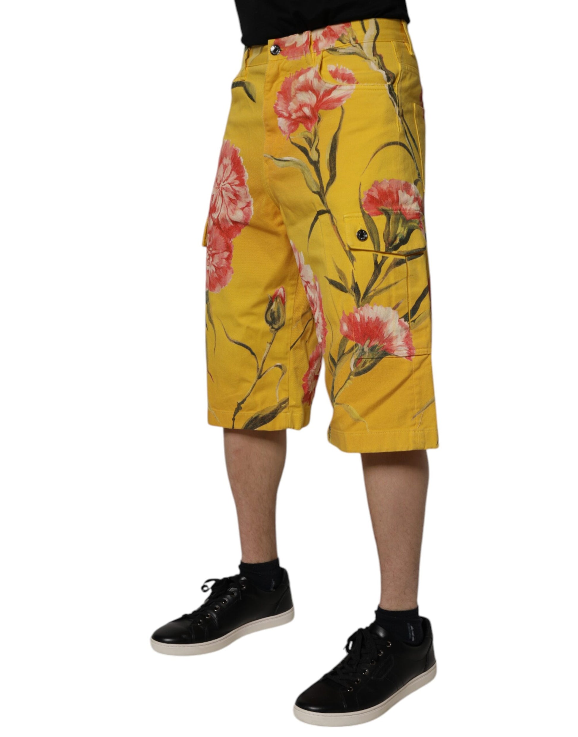 Yellow Floral Cargo Denim Men Bermuda Shorts