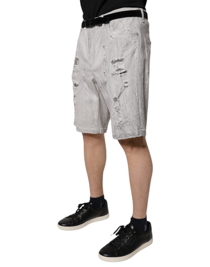 Light Gray Tattered Men Denim Bermuda Shorts