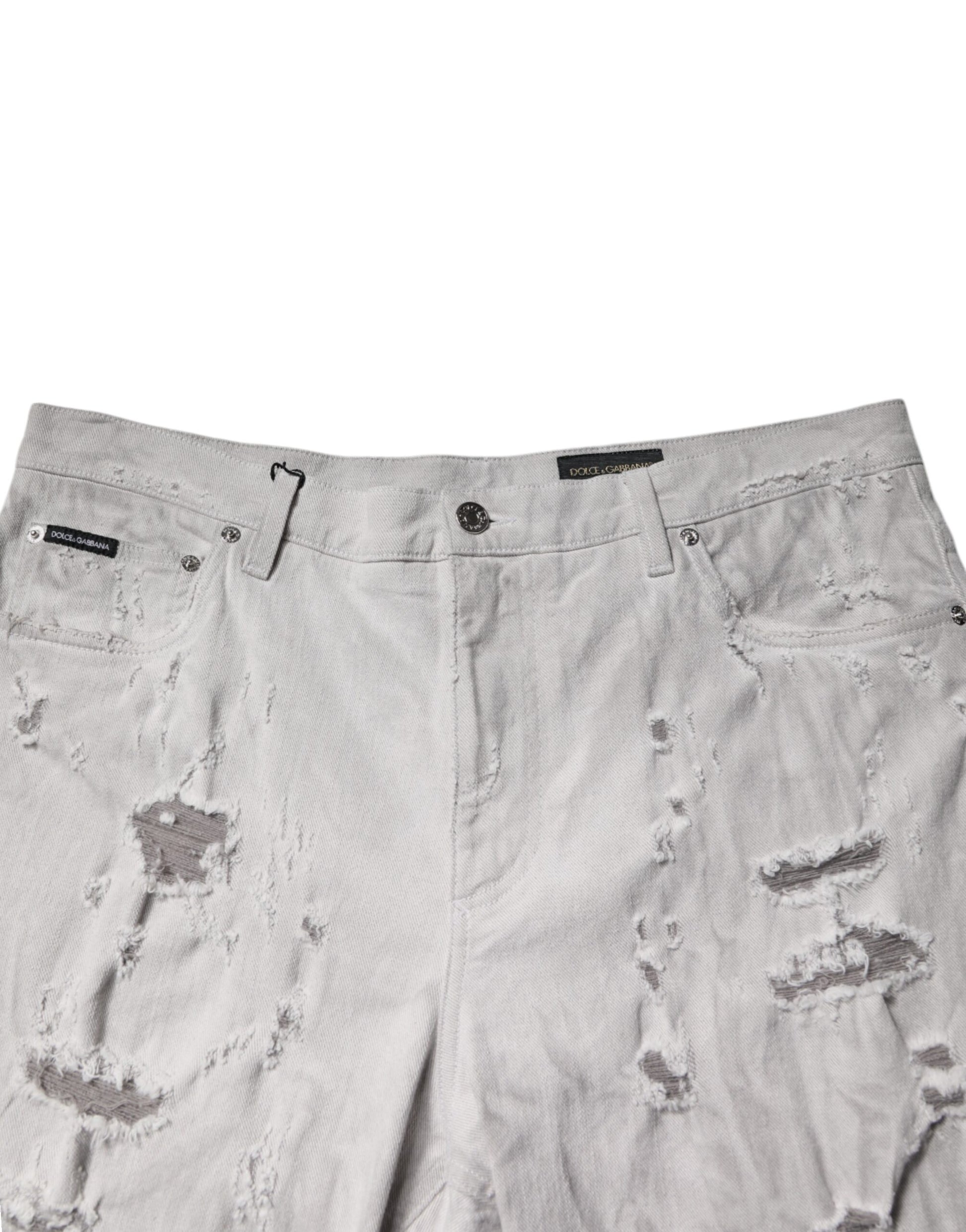 Light Gray Tattered Men Denim Bermuda Shorts