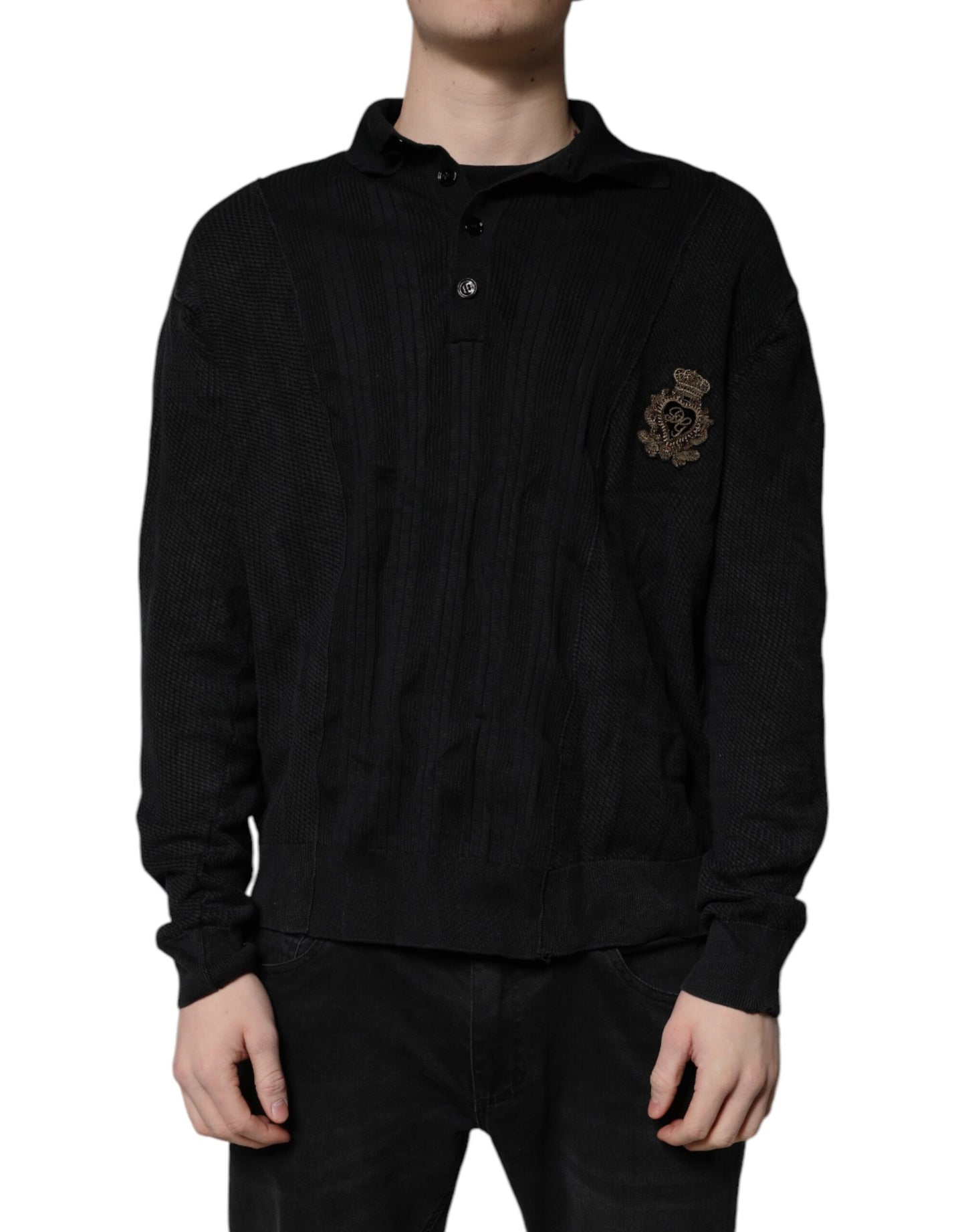 Black Heraldic Silk Buttoned Pullover Sweater