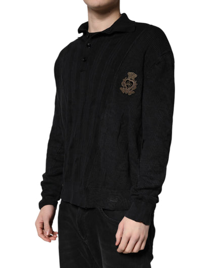 Black Heraldic Silk Buttoned Pullover Sweater