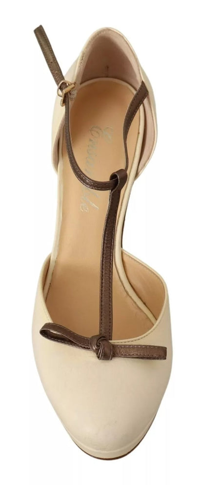Beige T-Strap Block Heels Pumps Leather Shoes