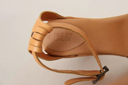 Brown Leather Studded Ankle Strap Sandals Shoes
