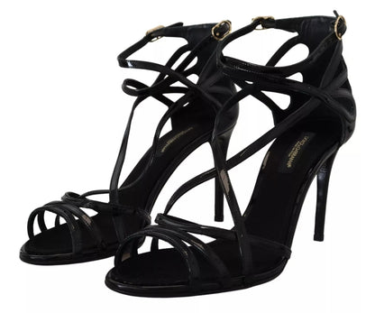 Black Leather Stiletto Heels Sandals Shoes