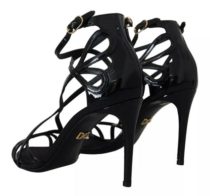 Black Leather Stiletto Heels Sandals Shoes