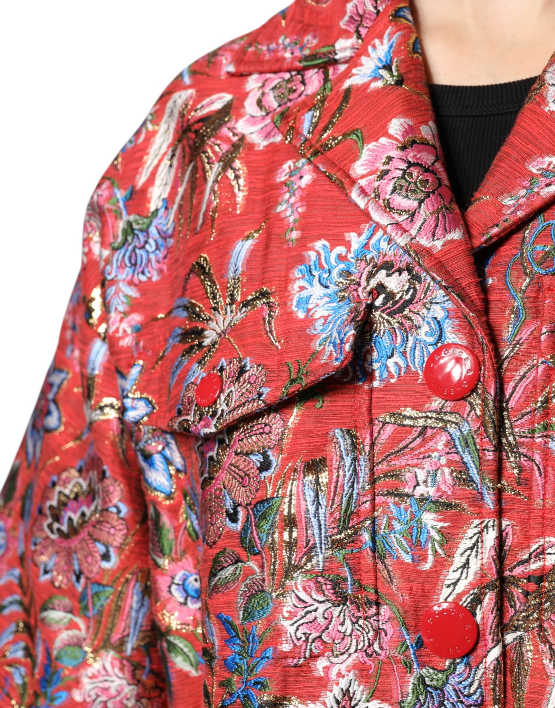 Red Floral Jacquard Button Down Coat Jacket