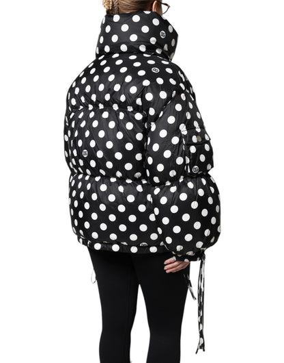 Black White Polka Dot Full Zip Puffer Jacket