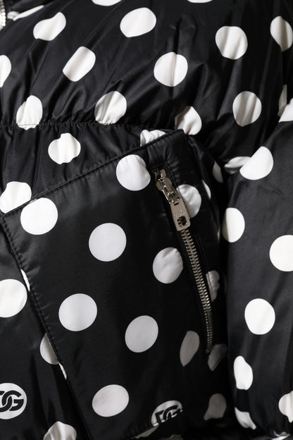 Black White Polka Dot Full Zip Puffer Jacket