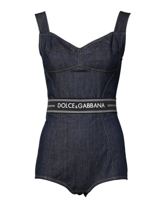 Blue Cotton Stretch Sleeveless Bodycon Denim Bodysuit