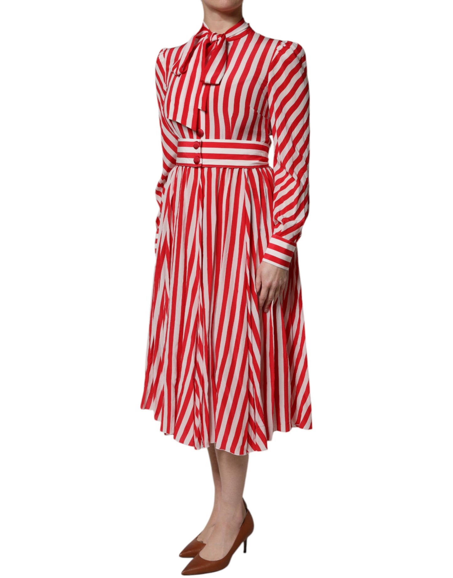 White Red Stripes Long Sleeves Midi Dress