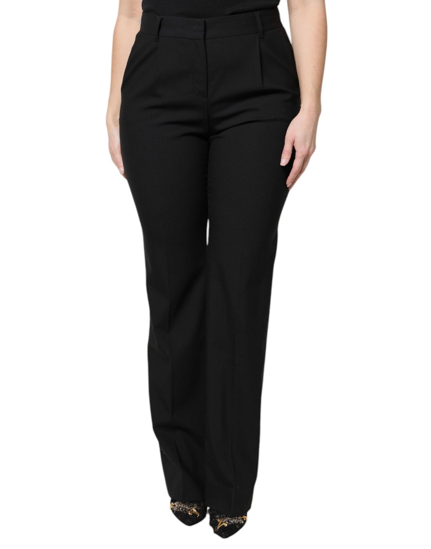Black Wool High Waist Boot Cut Dress Pants