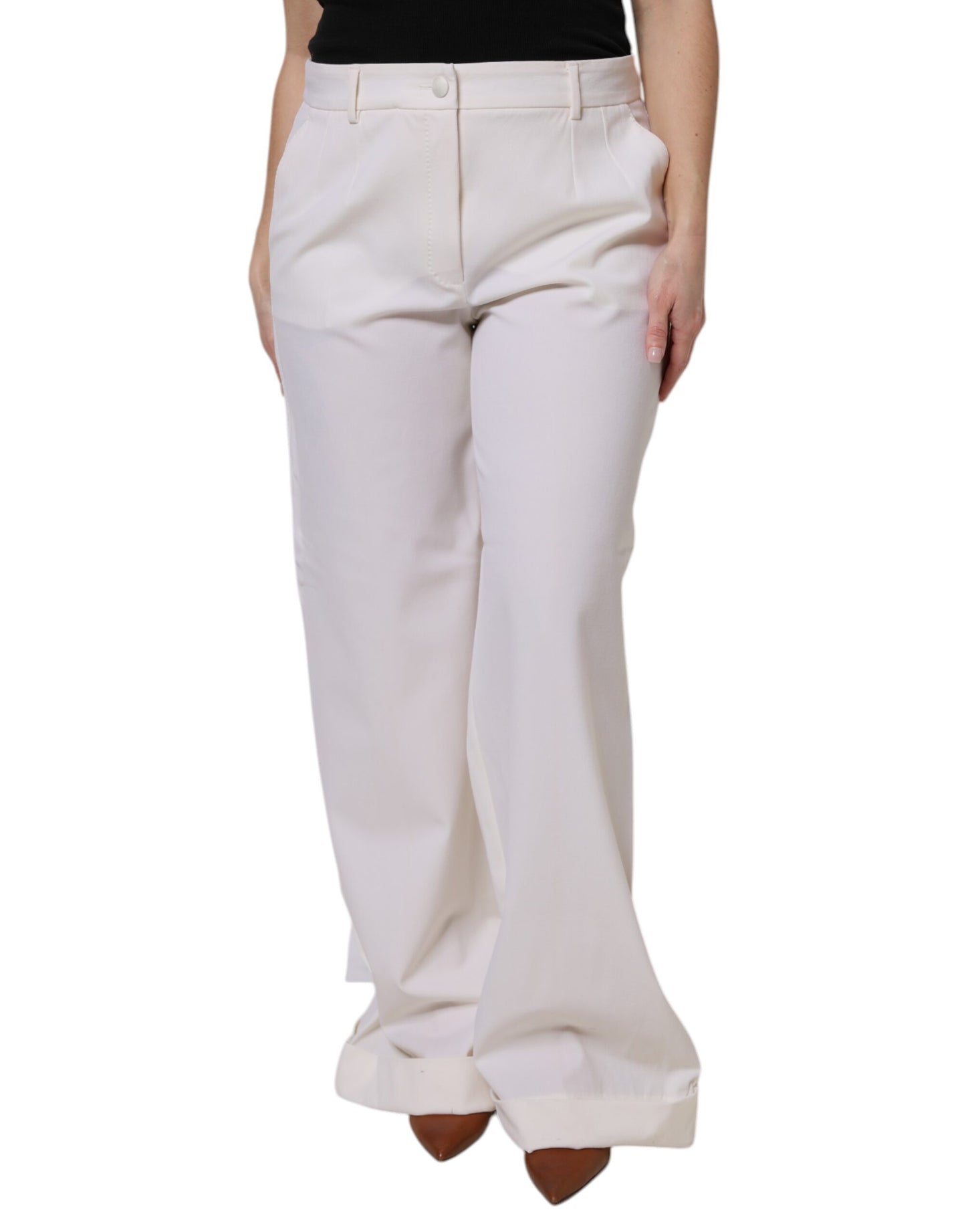 White Wool Mid Waist Wide Leg Pants