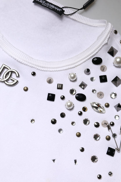 White Embellished Long Sleeve Cropped Sweater