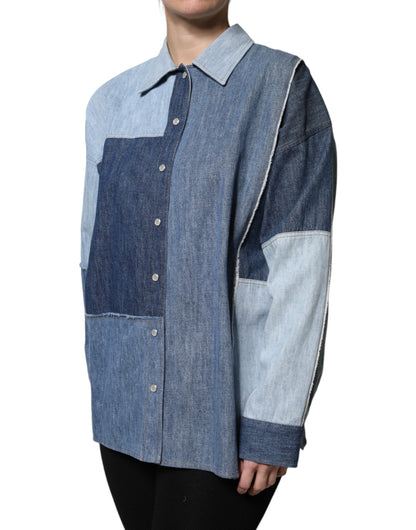 Blue Cotton Button Up Collared Long Sleeve Top