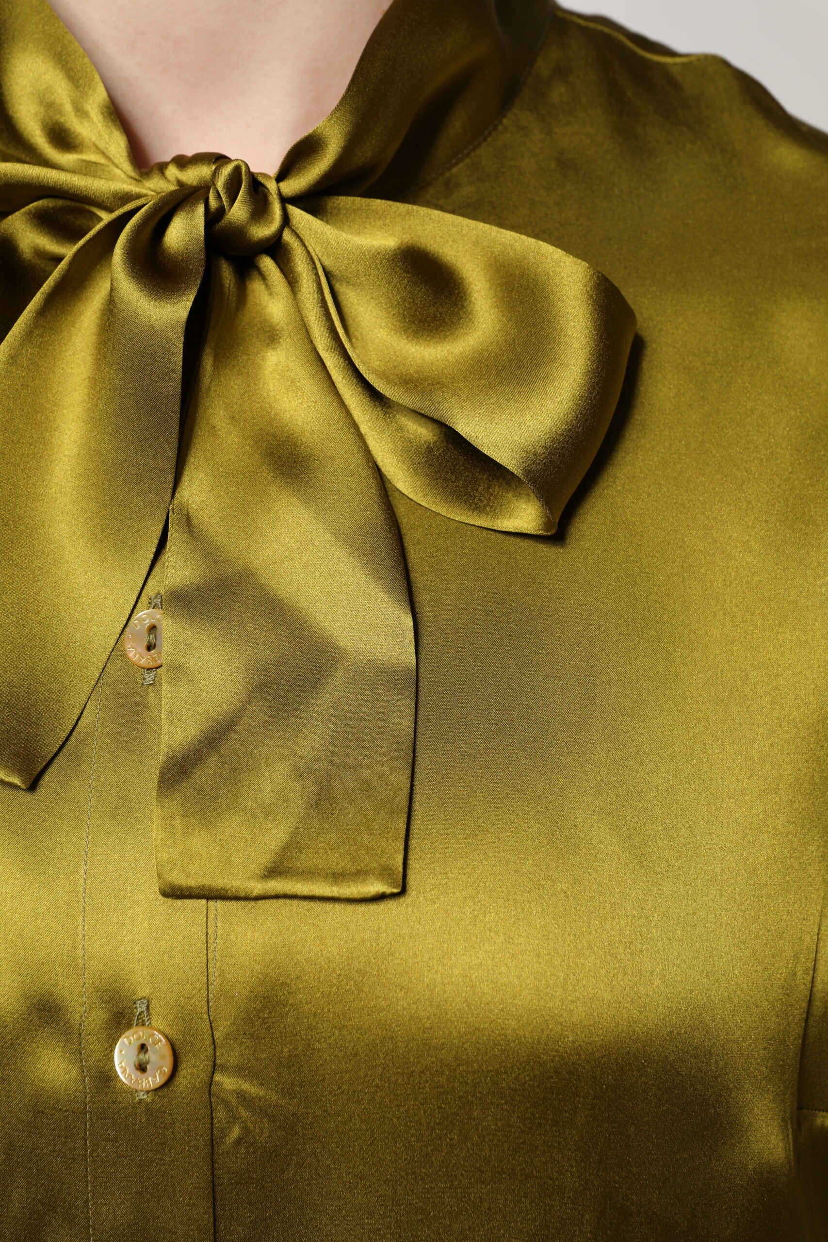 Olive Green Ascot Collar Long Sleeve Blouse Top