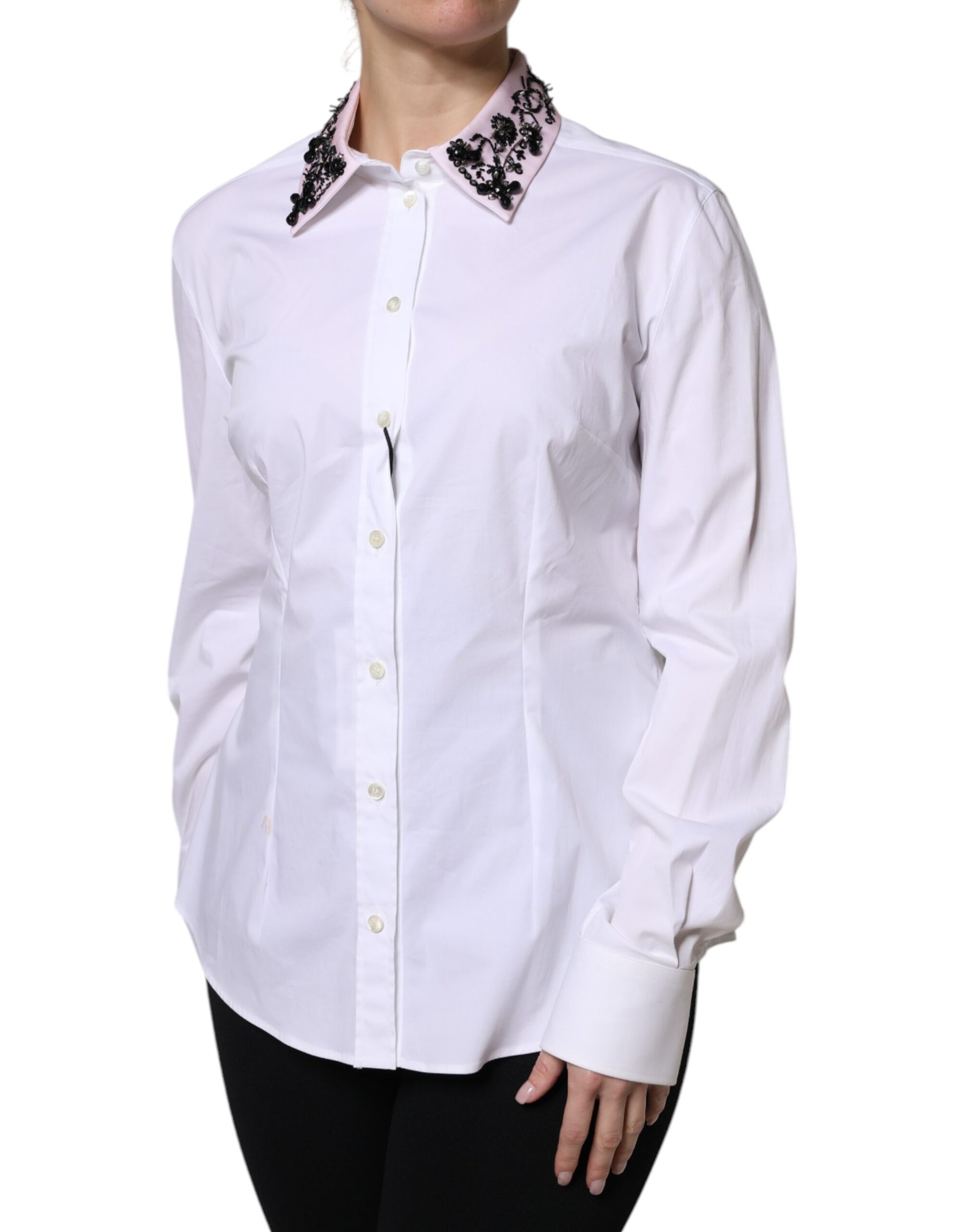 White Embellished Collared Dress Shirt Top