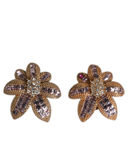 Gold Brass Purple Flower-Shaped Crystals Clip On Earrings