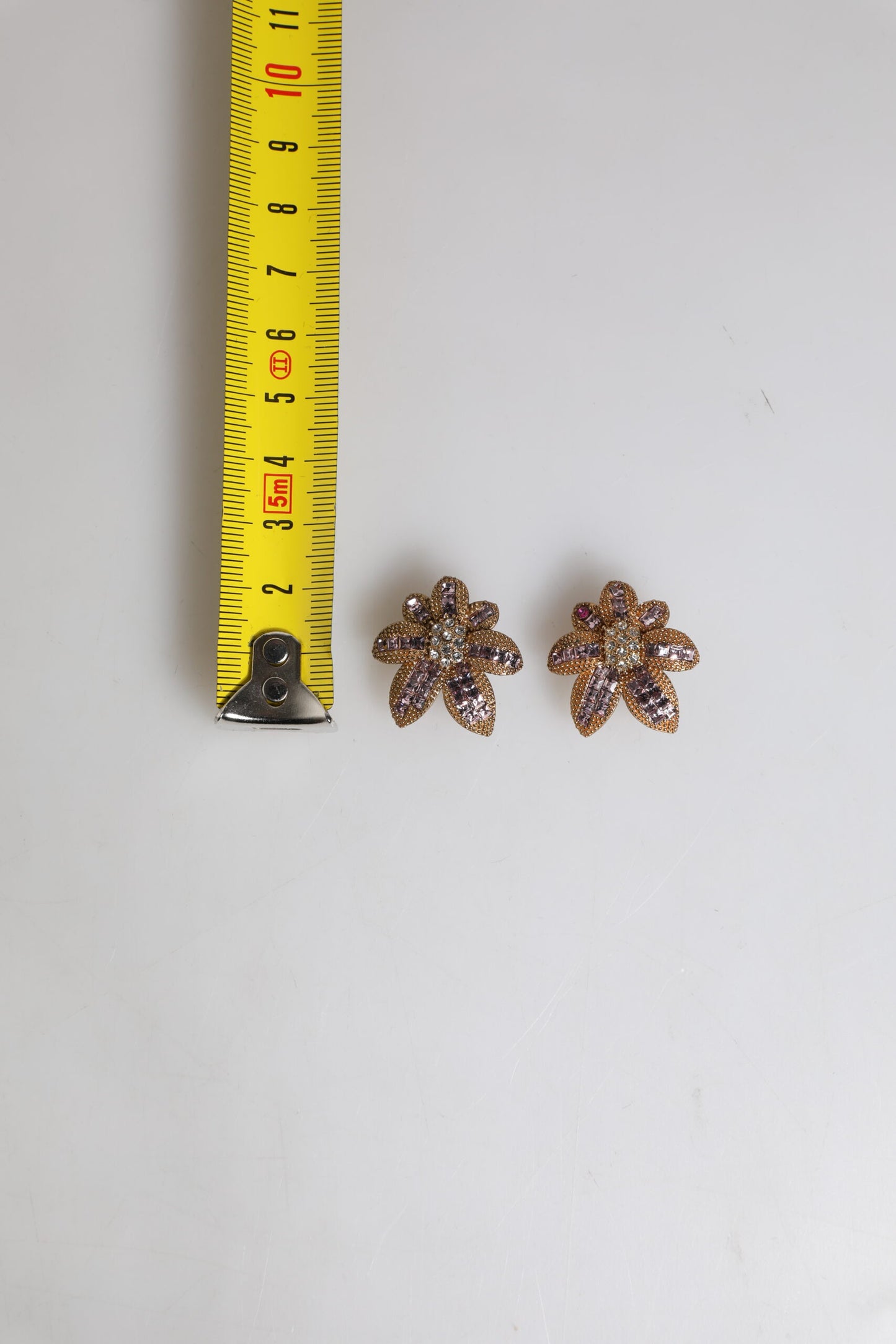 Gold Brass Purple Flower-Shaped Crystals Clip On Earrings