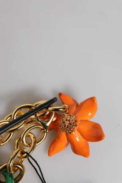 Multicolor Gold Brass Orange Lily Floral Chain Necklace