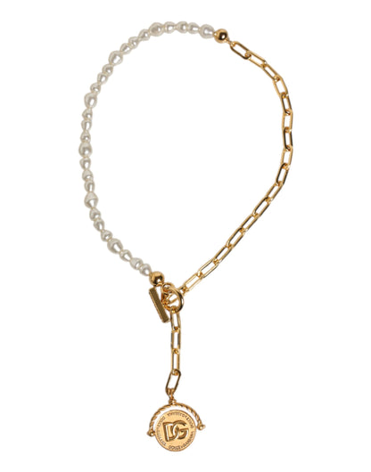 Gold Chain Brass Faux Pearl Charm Logo Pendant Necklace