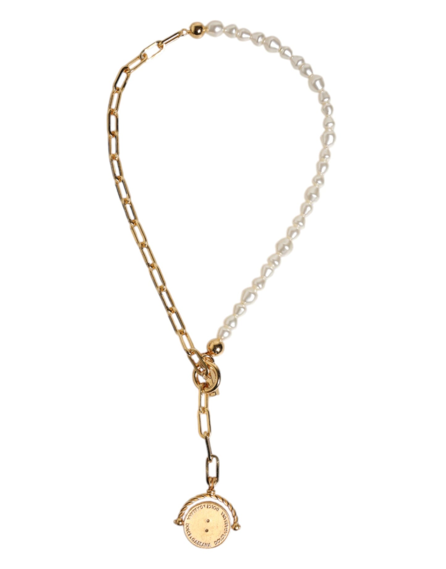 Gold Chain Brass Faux Pearl Charm Logo Pendant Necklace