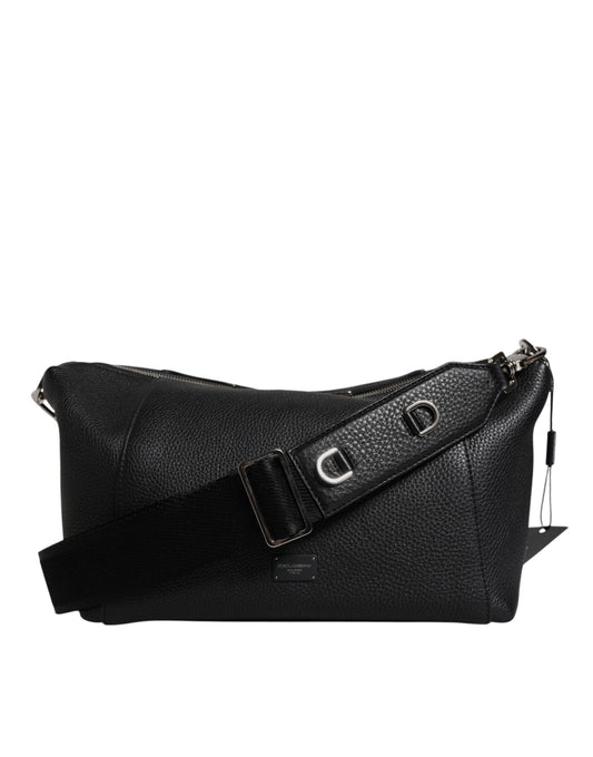Black Leather Logo Plaque Shoulder Crossbody Bag
