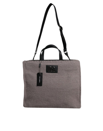 Grey Alpaca Wool Logo Plaque Tote Shoulder Bag