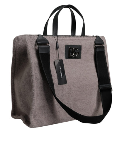 Grey Alpaca Wool Logo Plaque Tote Shoulder Bag