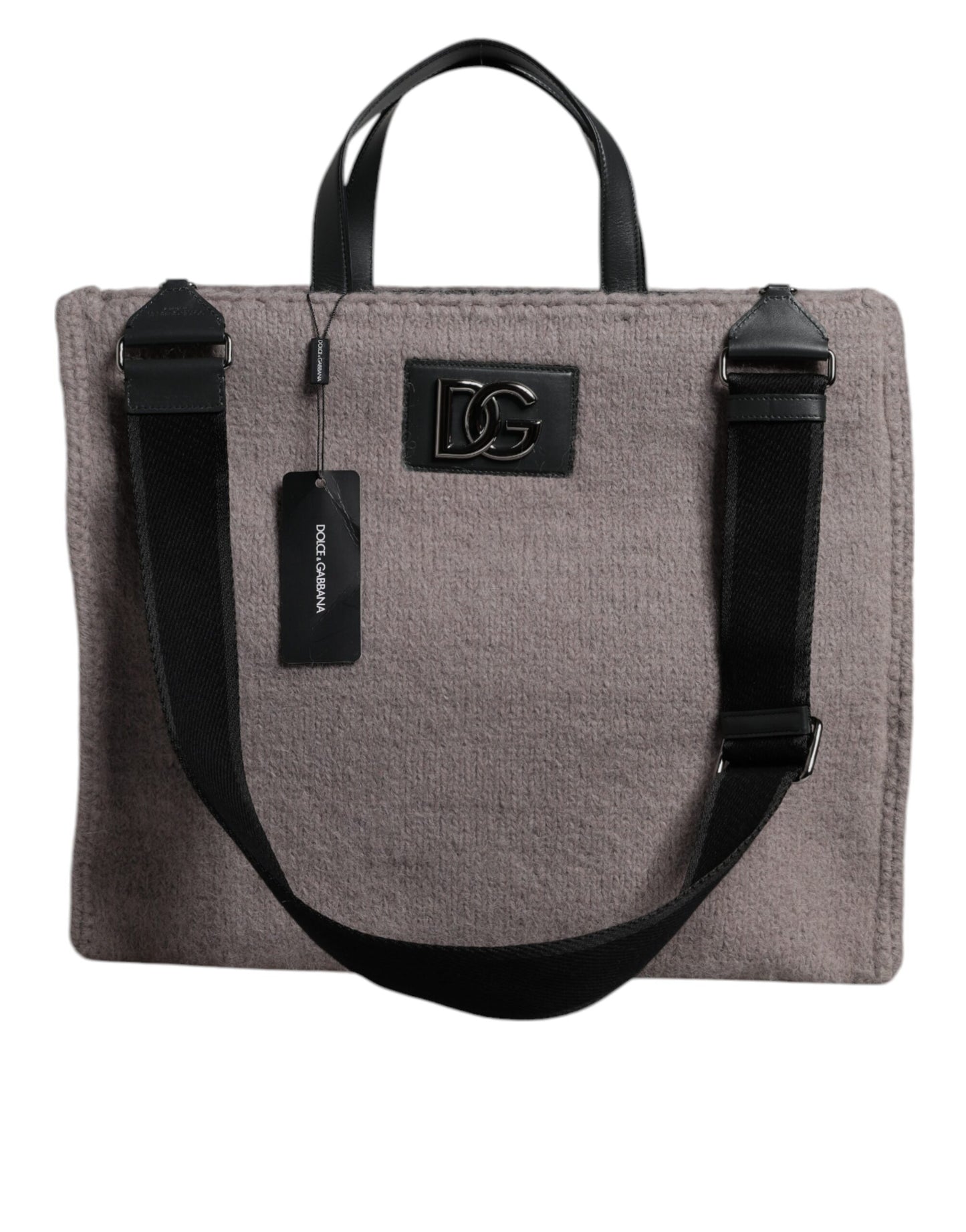 Grey Alpaca Wool Logo Plaque Tote Shoulder Bag