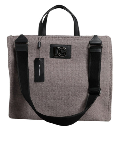 Grey Alpaca Wool Logo Plaque Tote Shoulder Bag