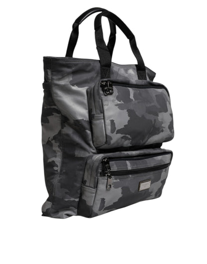 Gray Camo Cotton Multiple Compartments Tote Bag