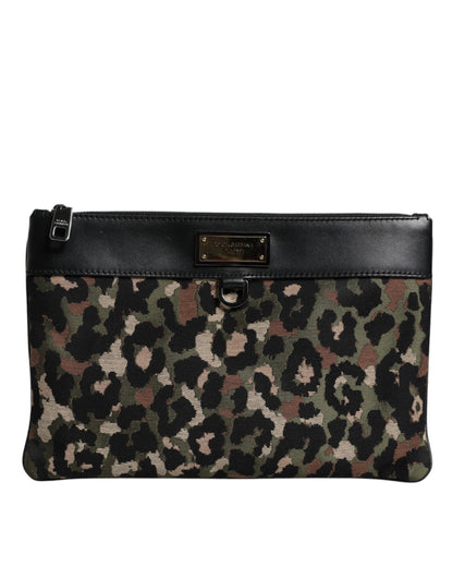 Multicolor Leopard Jacquard Print Logo Plaque Pouch Bag