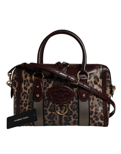 Brown Leopard Leather Shoulder Strap Duffle Bag