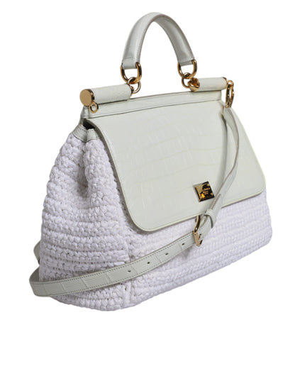 White Rafia Leather Top Handle Crossbody Bag