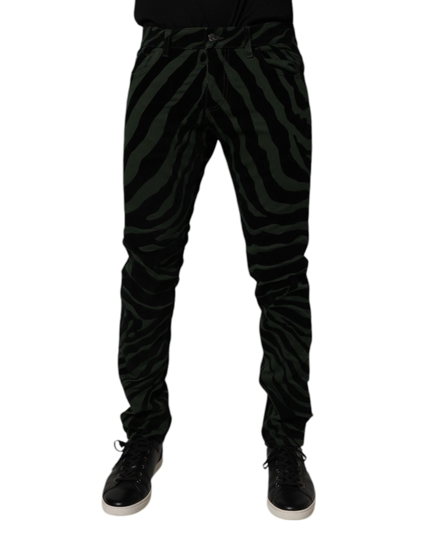 Black Green Stripes Cotton Skinny Denim Jeans