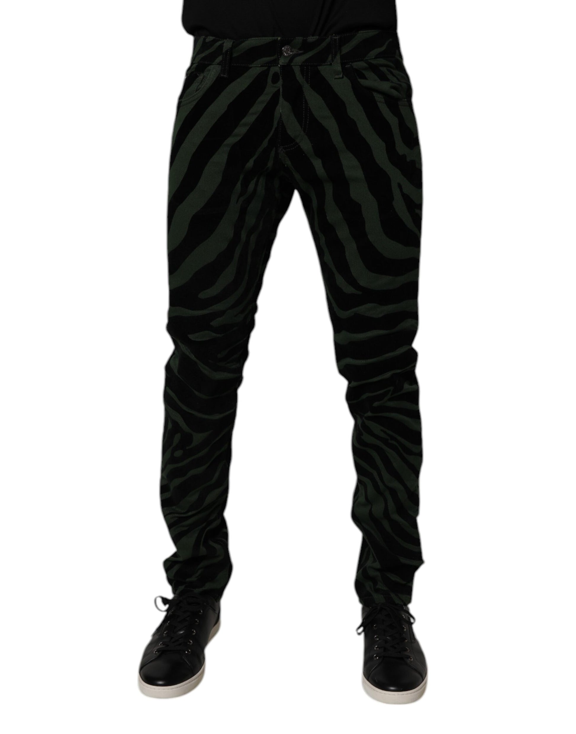 Black Green Stripes Cotton Skinny Denim Jeans
