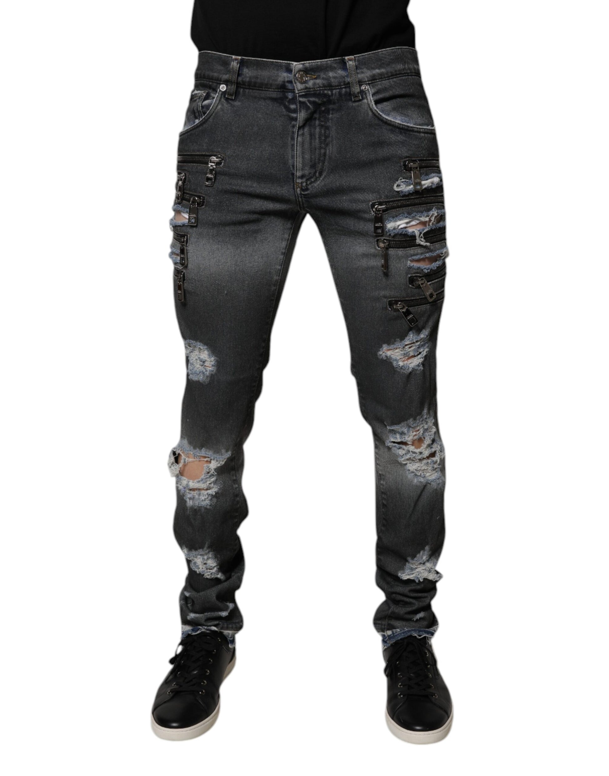 Dark Gray Tattered Cotton Skinny Denim Jeans