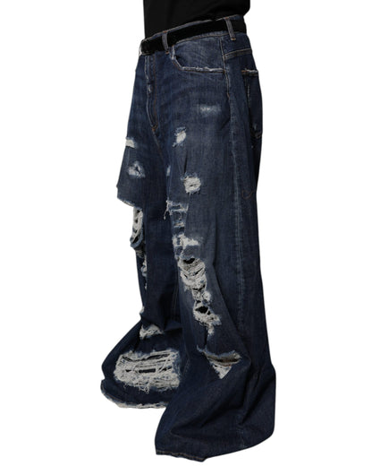 Dark Blue Tattered Wide Leg Men Denim Jeans