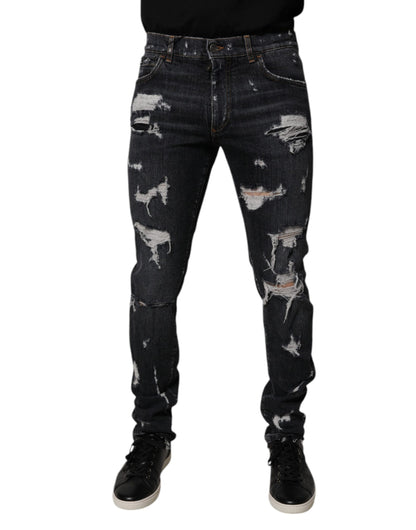 Black Tattered Cotton Skinny Men Denim Jeans