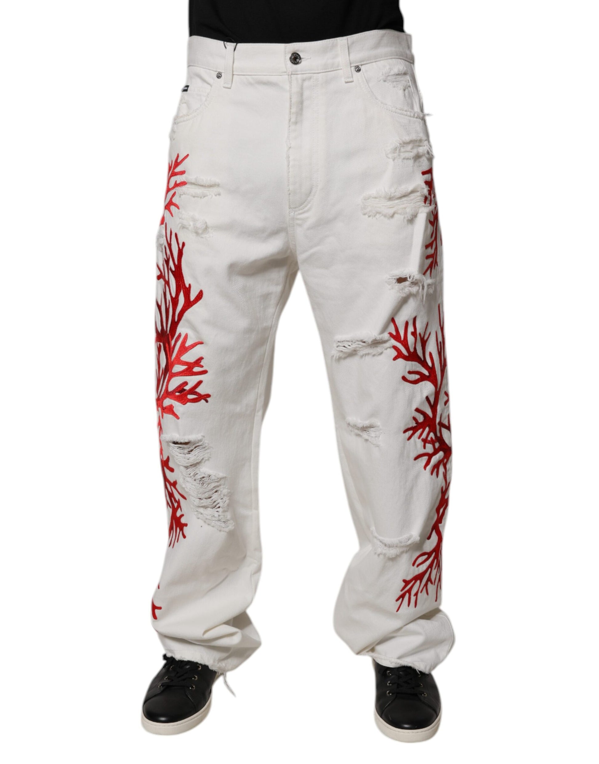 White Corals Tattered Straight Denim Jeans