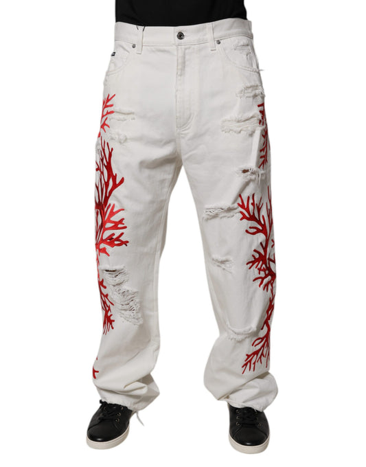 White Corals Tattered Straight Denim Jeans