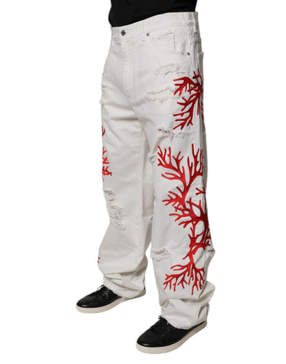 White Corals Tattered Straight Denim Jeans