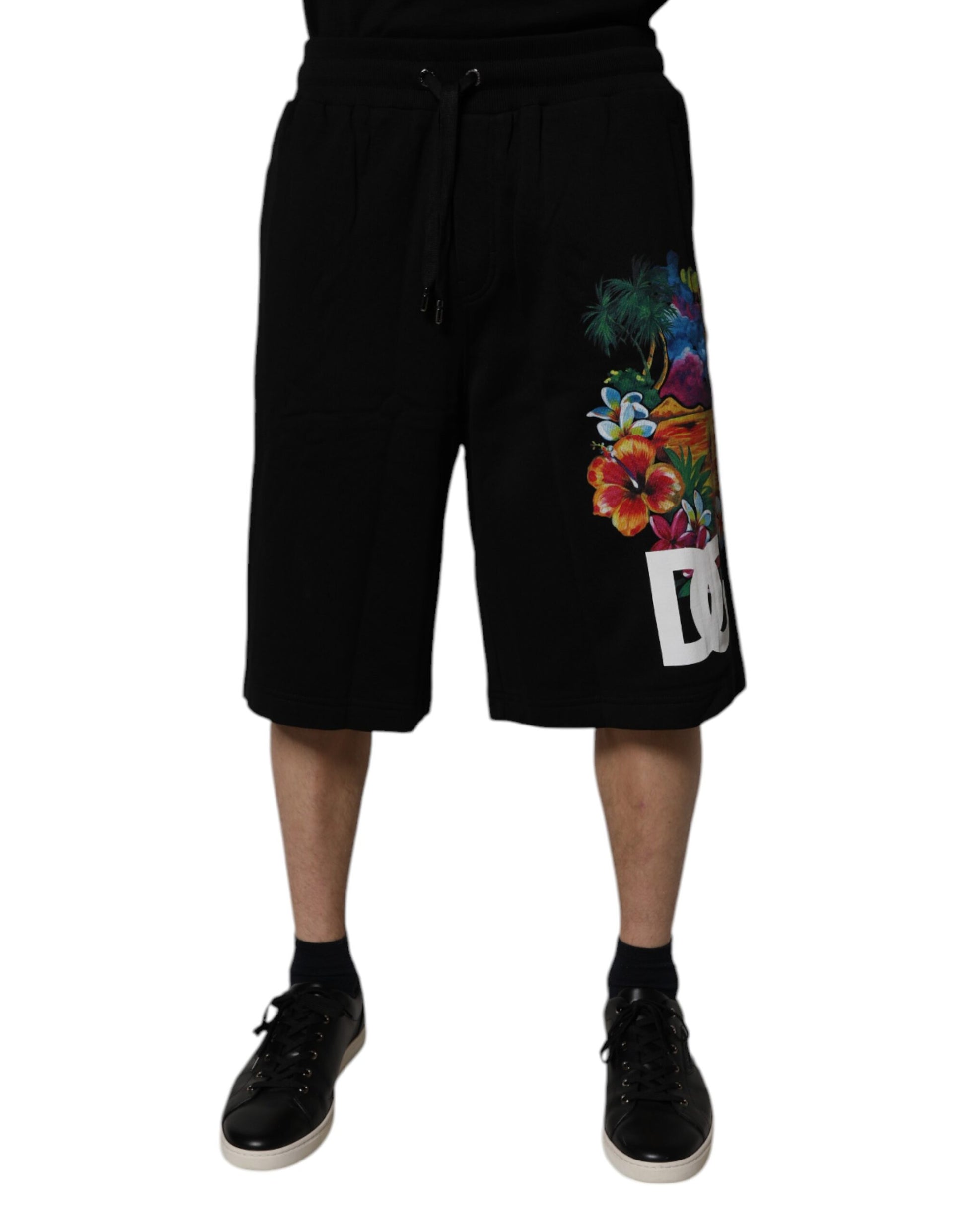 Black Cotton Logo Floral Print Bermuda Shorts