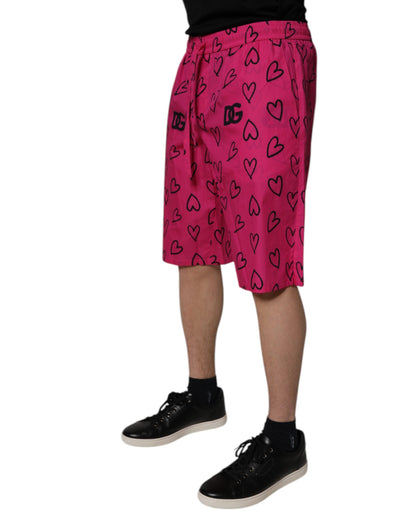 Pink Cotton Heart Print Bermuda Shorts