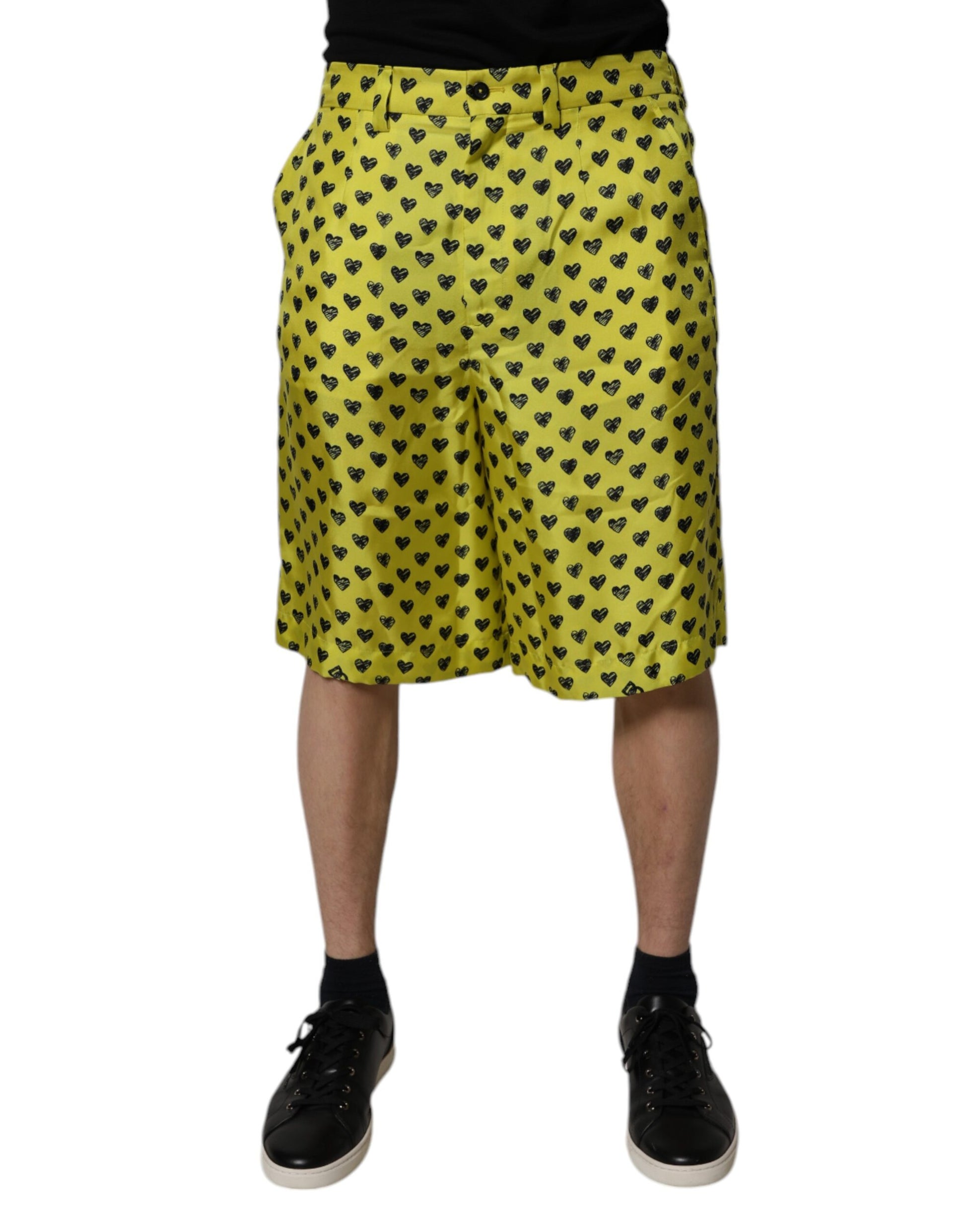 Green Silk Heart Print Bermuda Shorts
