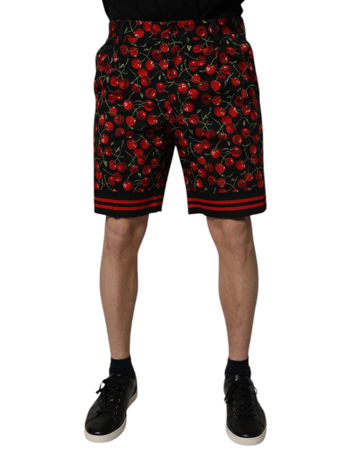 Black Red Cherry Print Bermuda Cotton Shorts