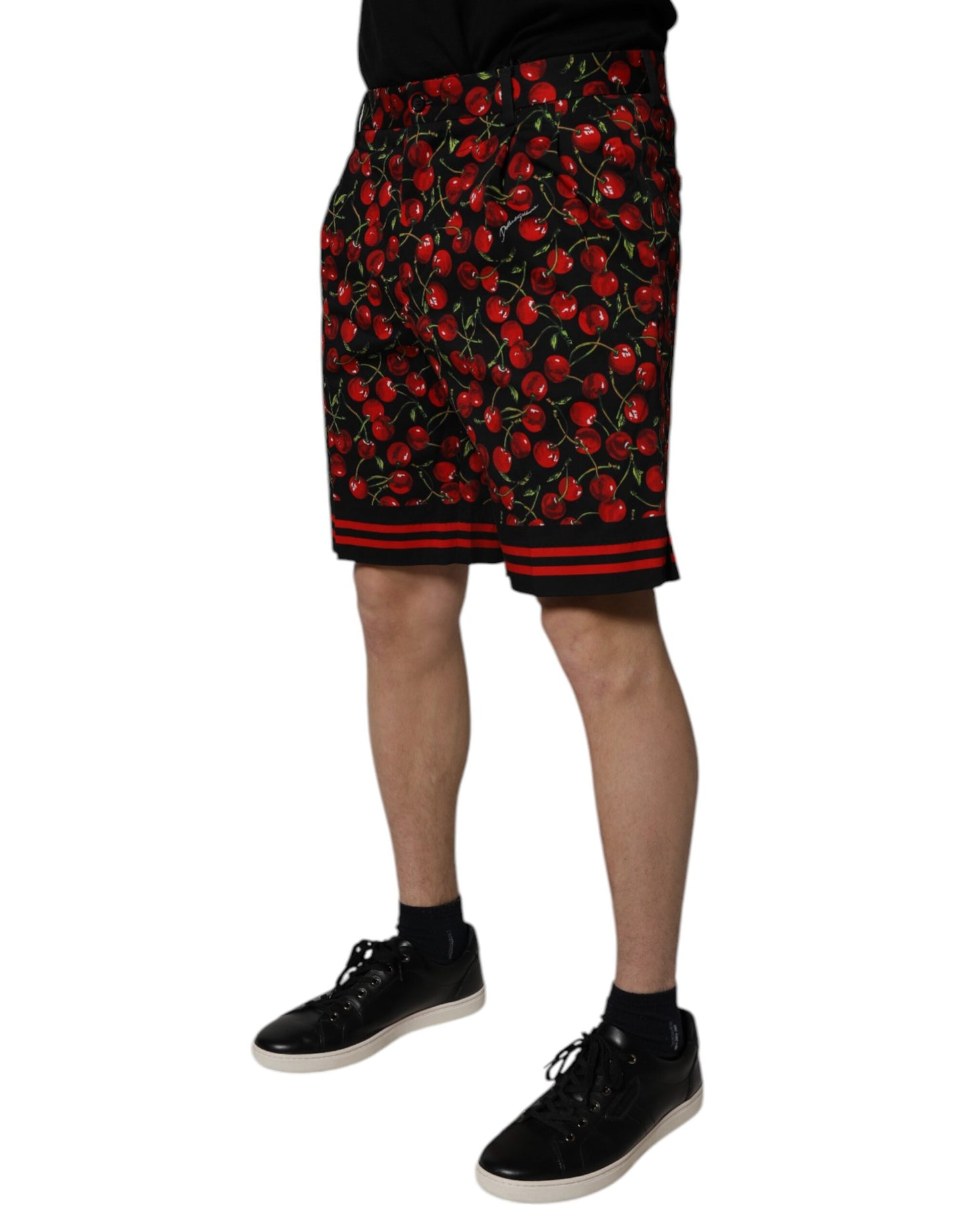 Black Red Cherry Print Bermuda Cotton Shorts