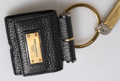 Black Leather Strap Gold Metal Logo Plaque Airpods Case