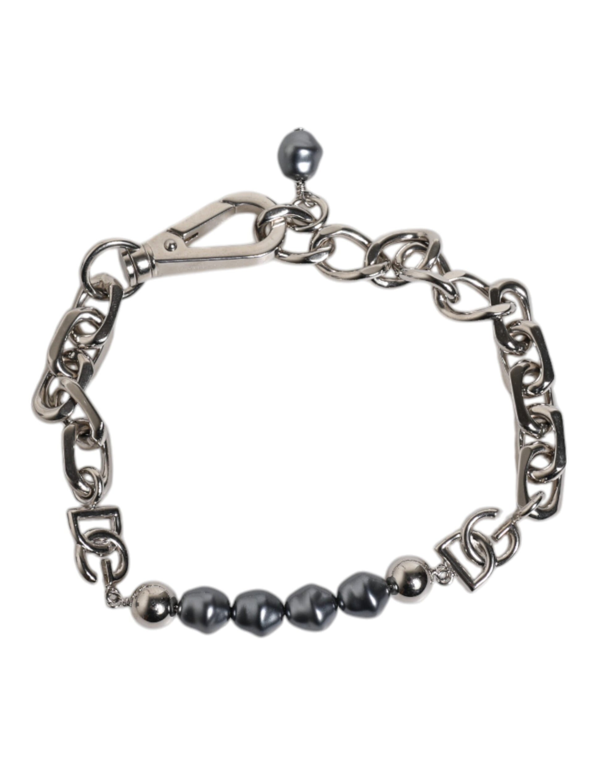 Silver Tone Chain Lobster Clasp Logo Gray Pearls Bracelet