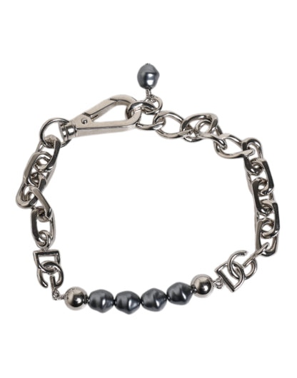 Silver Tone Chain Lobster Clasp Logo Gray Pearls Bracelet
